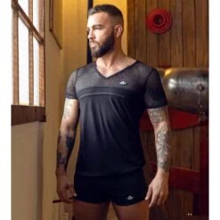 T-Shirt AD Fetish Mesh Striped ADF166 Noir -Men Attitude Boutique tshirt adf adf166 noir a